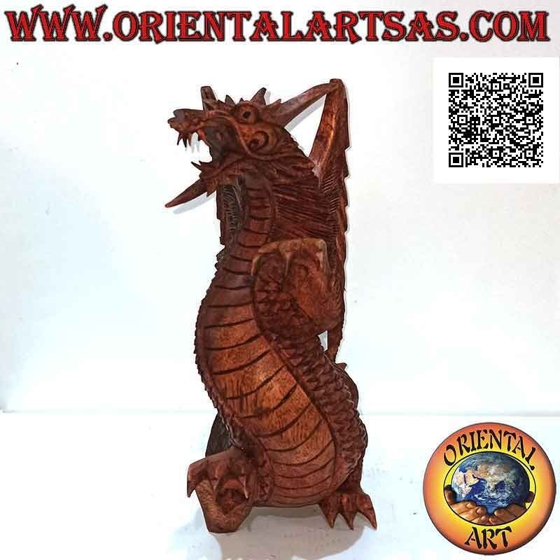 Scultura drago alato in cammino intagliato a mano in legno di suar da 27 cm