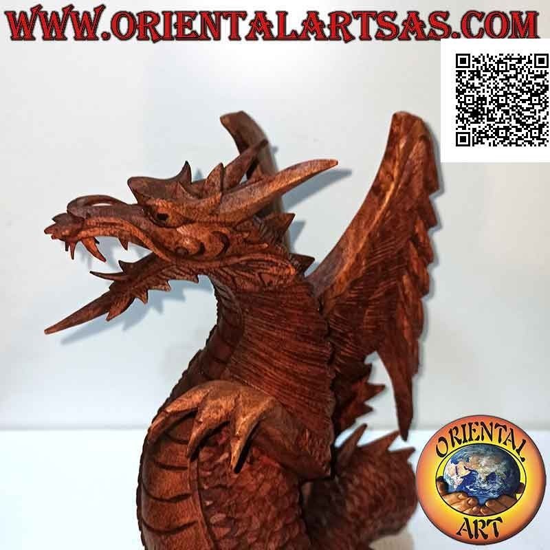 Hand-carved walking winged dragon sculpture in suar wood measuring 27 cm