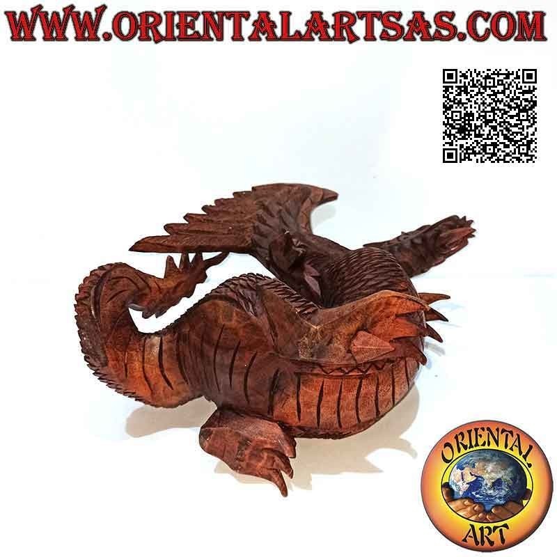 Escultura de dragón alado andante tallada a mano en madera de suar de 27 cm