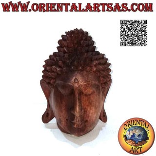 Scultura testa di Buddha tridimensionale intagliata da un unico blocco di legno di suar da 16 cm
