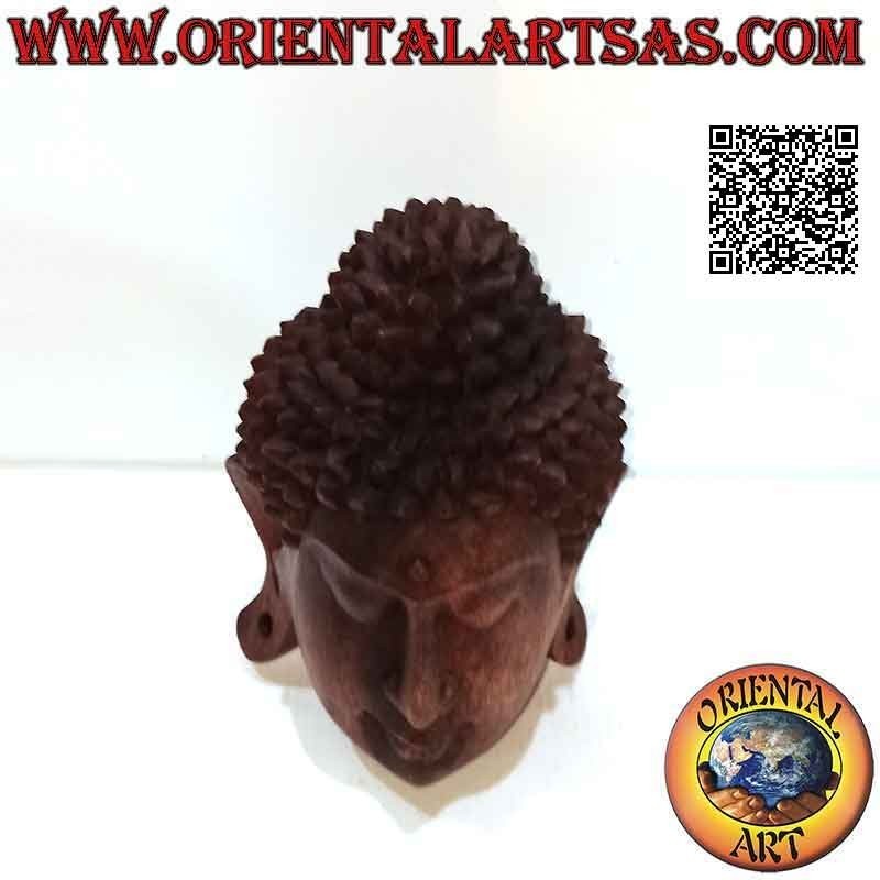 Scultura testa di Buddha tridimensionale intagliata da un unico blocco di legno di suar da 16 cm