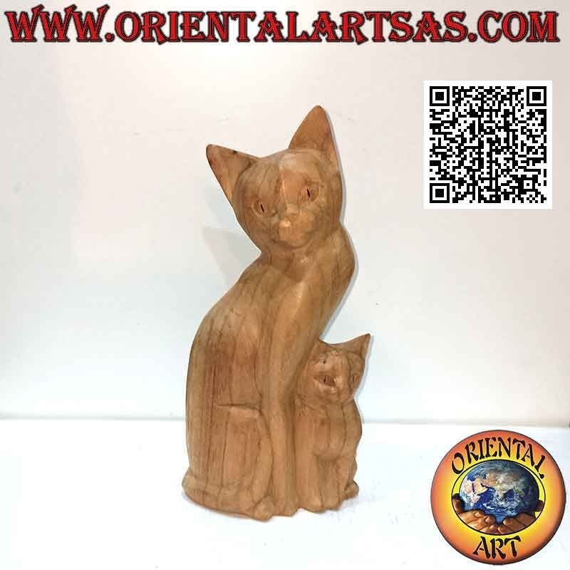 Scultura la gatta e il cucciolo in legno di pino da 25 cm