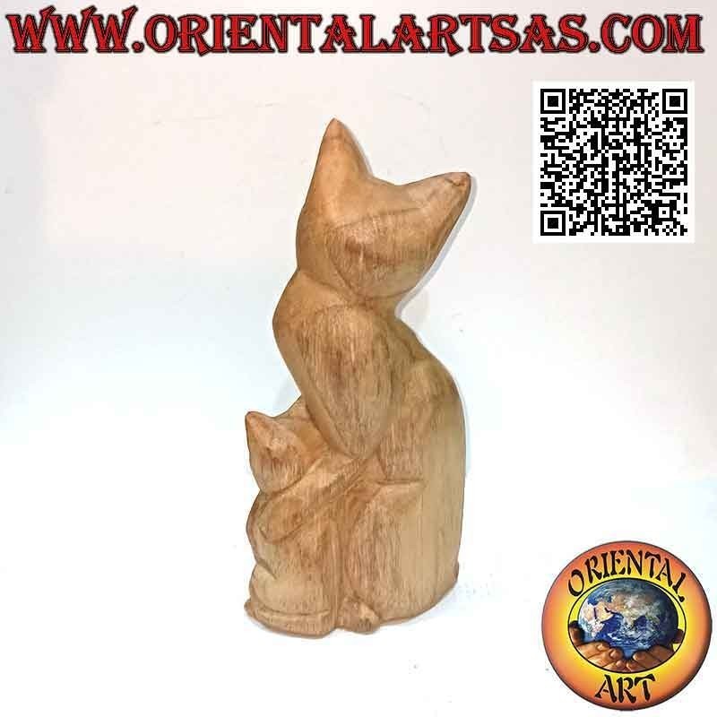25 cm balsa wood cat and puppy sculpture