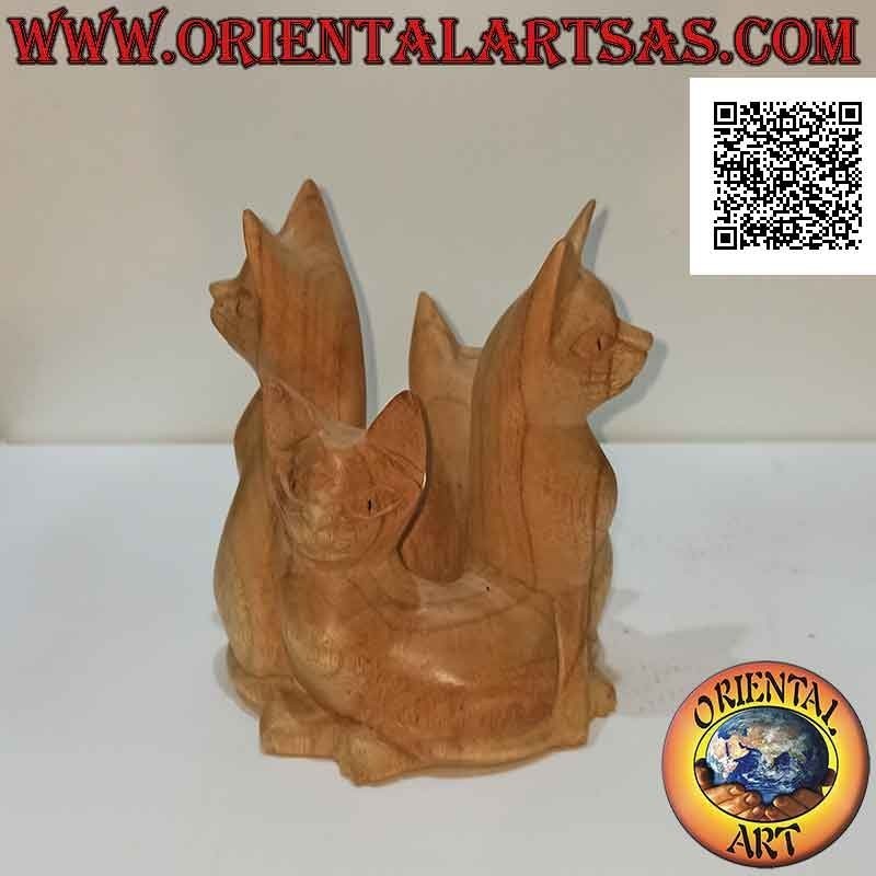 Scultura la famiglia dei gatti a cerchio in legno di pino americano da 15 cm