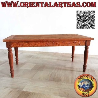 Tavolo rettangolare con due cassetti e decorazione floreale intagliata su 3 lati in legno di teak (180*90)