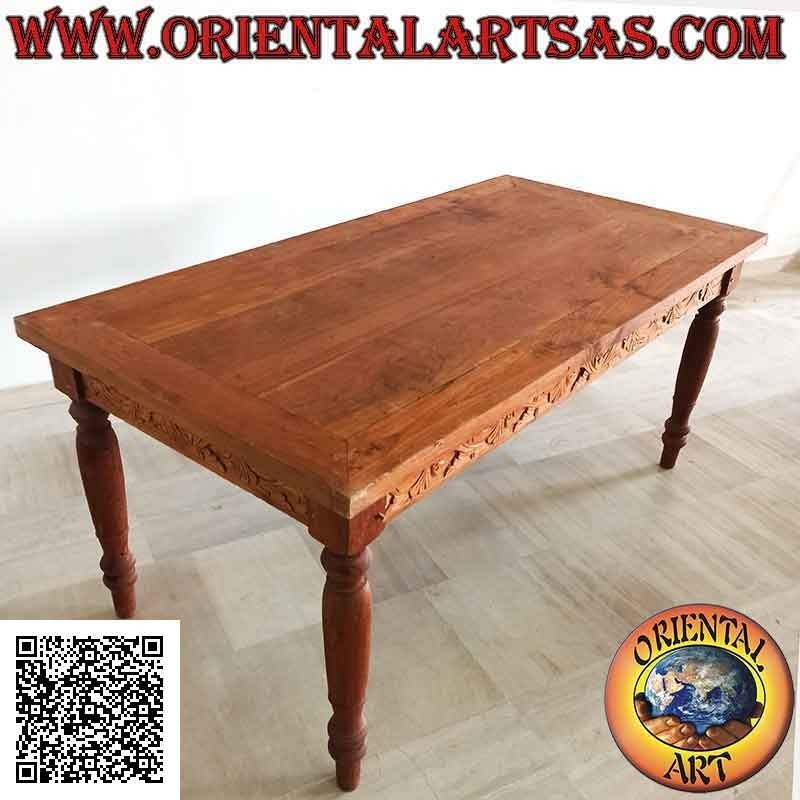 Mesa rectangular con dos cajones y decoración floral tallada en 3 lados en madera de teca (180 * 90)