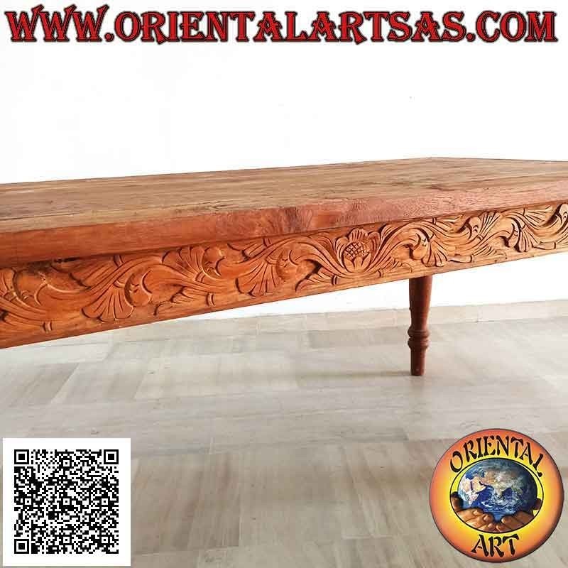 Mesa rectangular con dos cajones y decoración floral tallada en 3 lados en madera de teca (180 * 90)