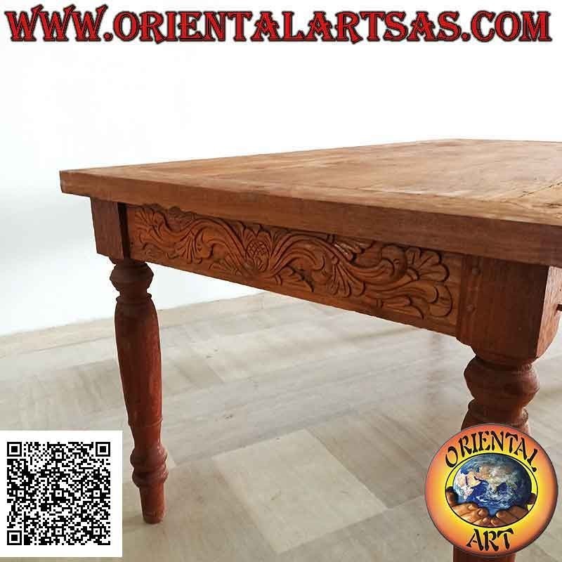Mesa rectangular con dos cajones y decoración floral tallada en 3 lados en madera de teca (180 * 90)