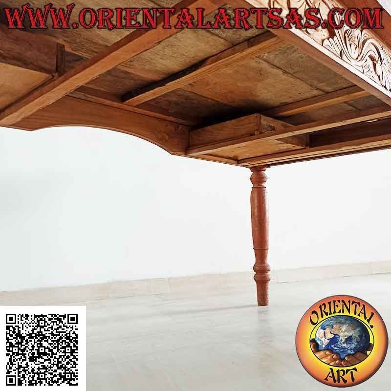 Rectangular table with two drawers and floral decoration carved on 3 sides in teak wood (180 * 90)