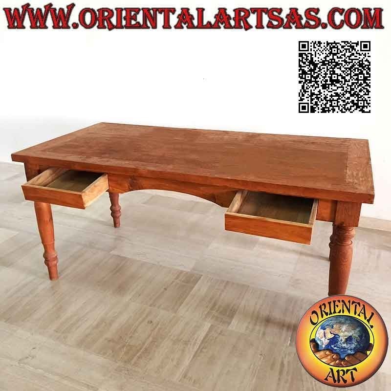 Table rectangulaire à deux tiroirs et décor floral sculpté sur 3 faces en bois de teck (180*90)