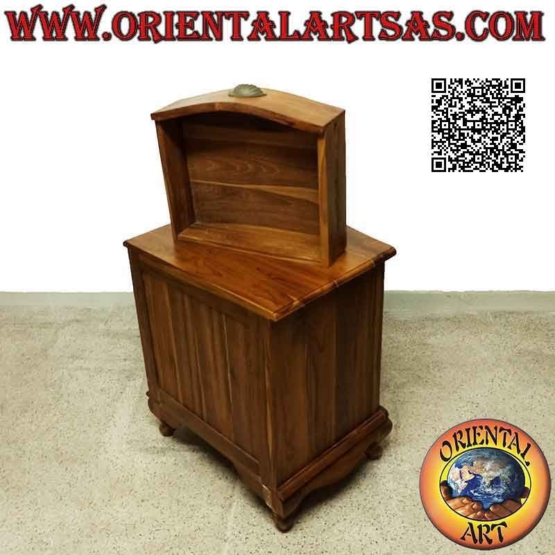 Rounded bedside table with three drawers with curved feet and brass handles in teak wood