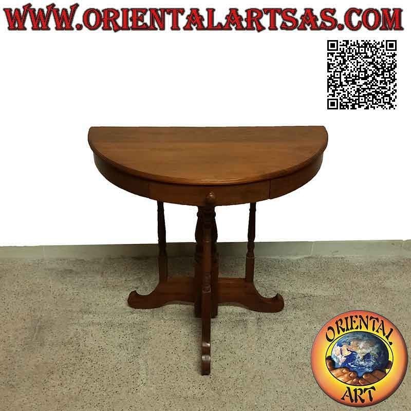 Table console en croissant pour salle tripode avec tiroir en bois de teck