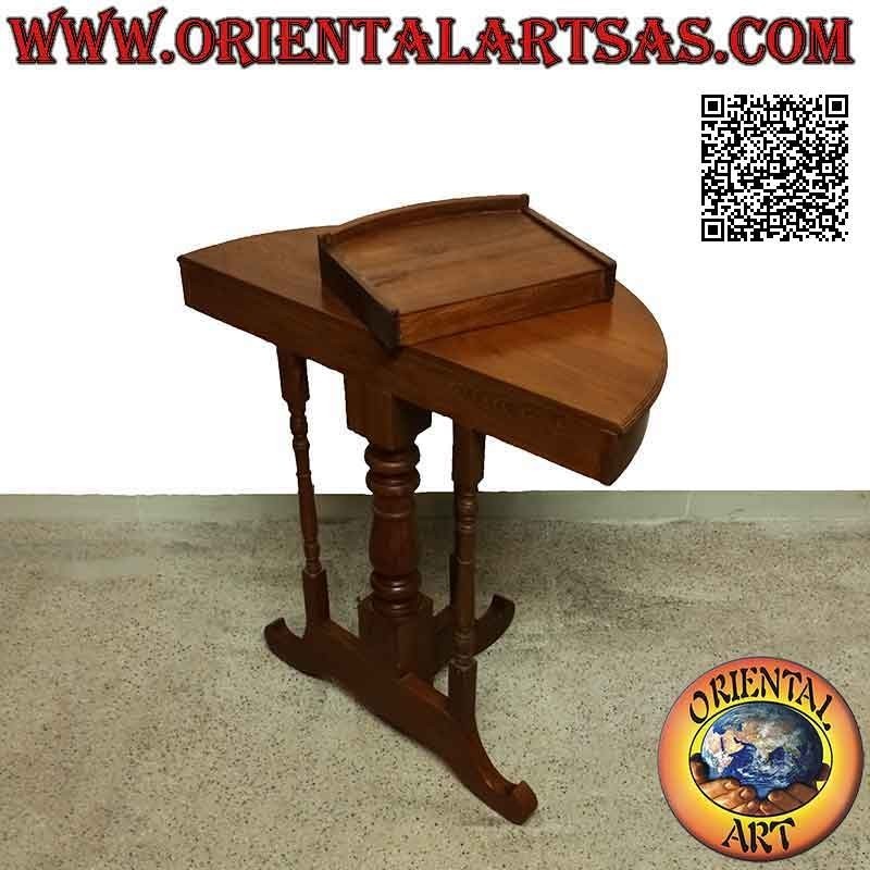 Tavolo consolle a mezzaluna da ingresso tripode con cassetto in legno di teak