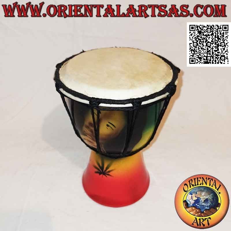 Bongo djembé "décor Jamaïque" 20 cm, peint à la main, en bois d'acajou et cuir de chèvre