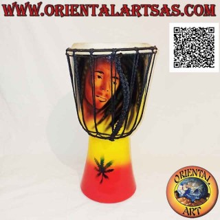 Bongo djembé "Decoración Jamaica Bob Marley" 40 cm, pintado a mano, en madera de caoba y piel de cabra