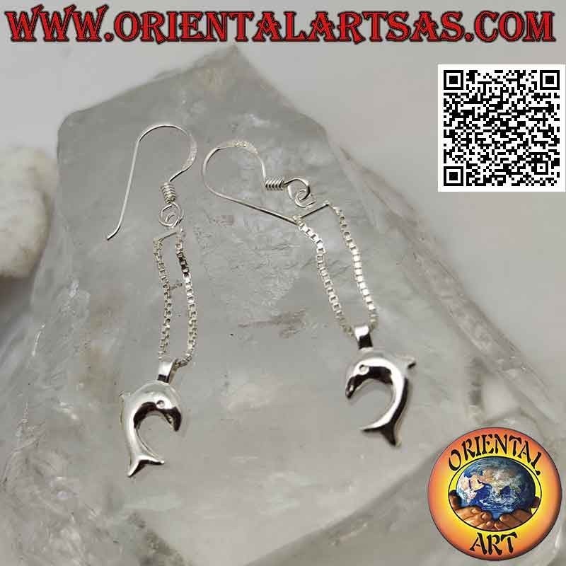 Silver leverback earrings with U-shaped chain and pendant dolphin