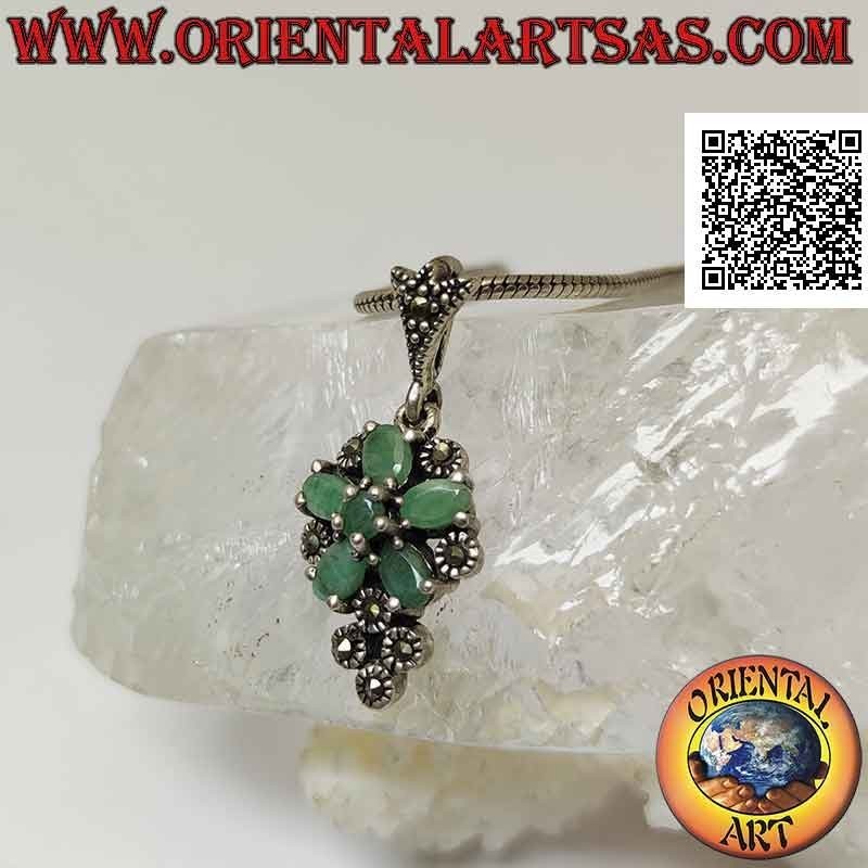 Silver pendant with round and oval emerald star with marcasite between them and below