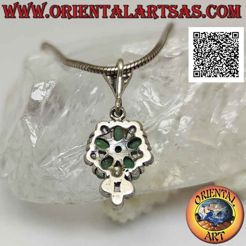 Silver pendant with round and oval emerald star with marcasite between them and below