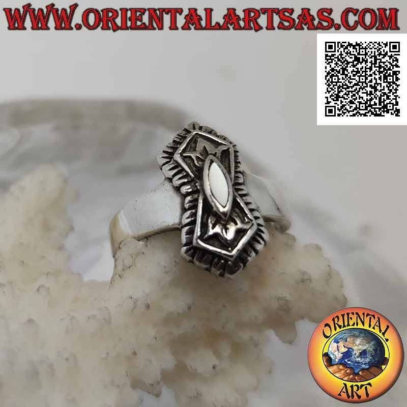 Silver ring with shuttle mother-of-pearl on decorated double pentagon with mirror