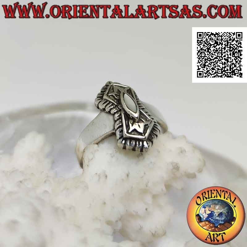 Silver ring with shuttle mother-of-pearl on decorated double pentagon with mirror