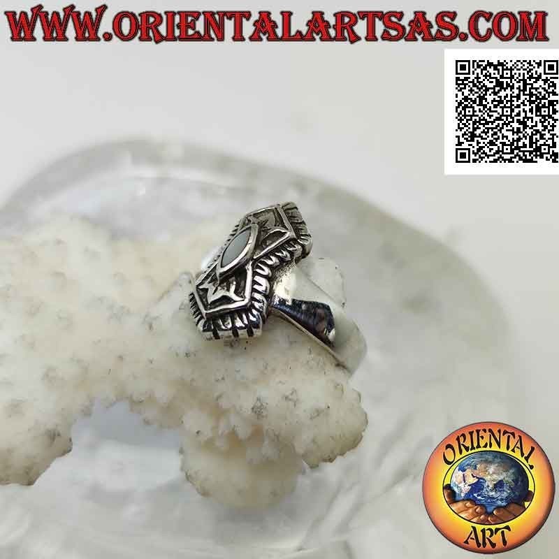 Silver ring with shuttle mother-of-pearl on decorated double pentagon with mirror