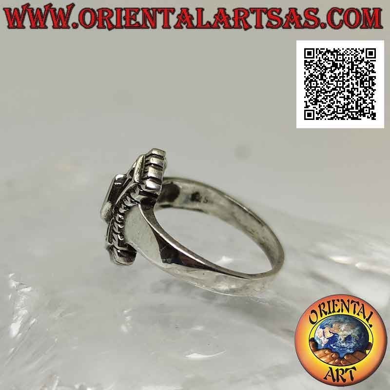 Silver ring with shuttle mother-of-pearl on decorated double pentagon with mirror