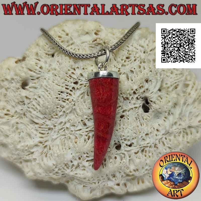 Silver "lucky charm" horn pendant of red coral (coral) with smooth cap
