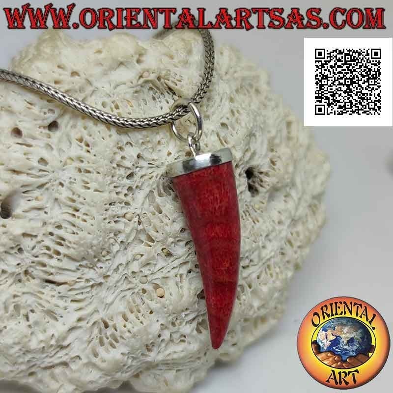 Colgante cuerno "amuleto de la suerte" de plata de coral rojo (coral) con capuchón liso