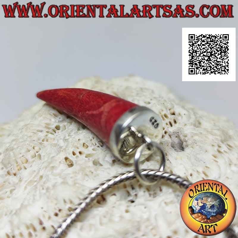 Silver "lucky charm" horn pendant of red coral (coral) with smooth cap