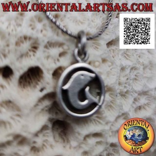 Silver pendant, smooth dolphin in profile on round bas-relief medal