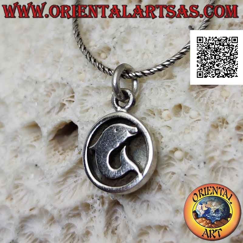 Silver pendant, smooth dolphin in profile on round bas-relief medal