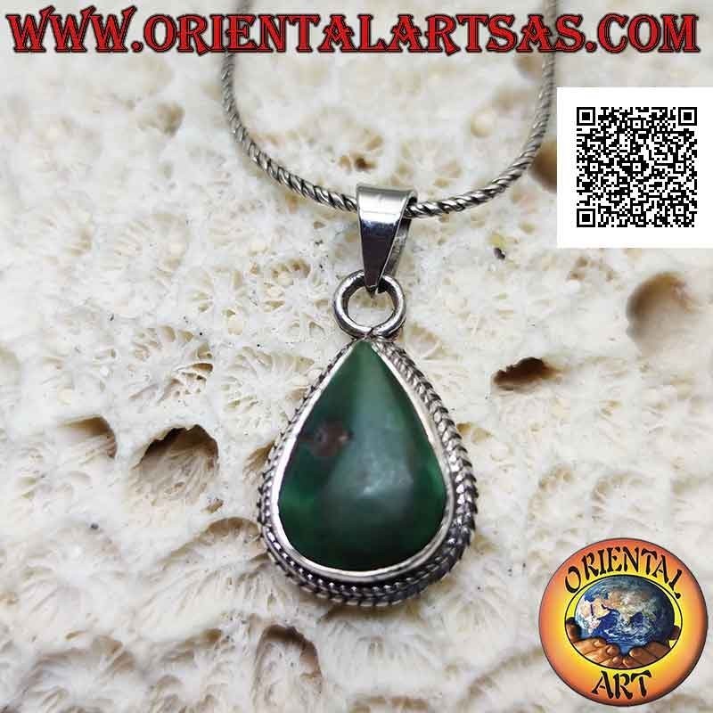 Silver pendant with natural Tibetan antique teardrop turquoise surrounded by a double weave