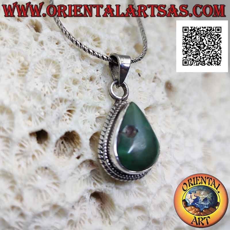 Pendentif en argent avec turquoise antique tibétaine naturelle en forme de larme entourée d'un double tissage