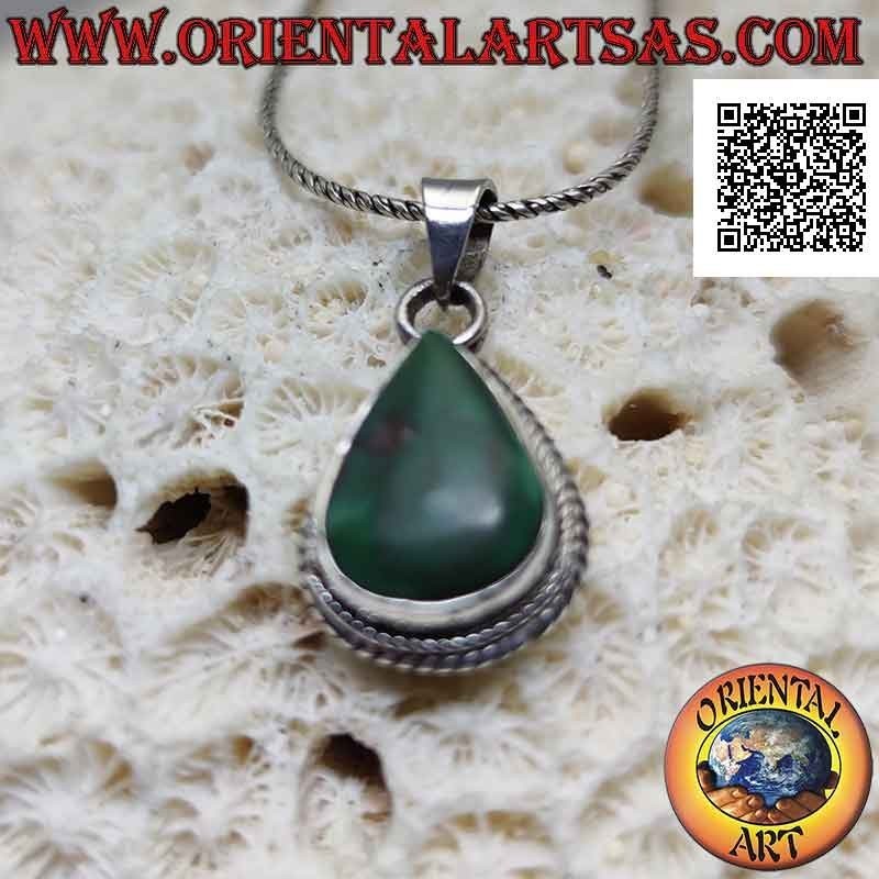 Pendentif en argent avec turquoise antique tibétaine naturelle en forme de larme entourée d'un double tissage