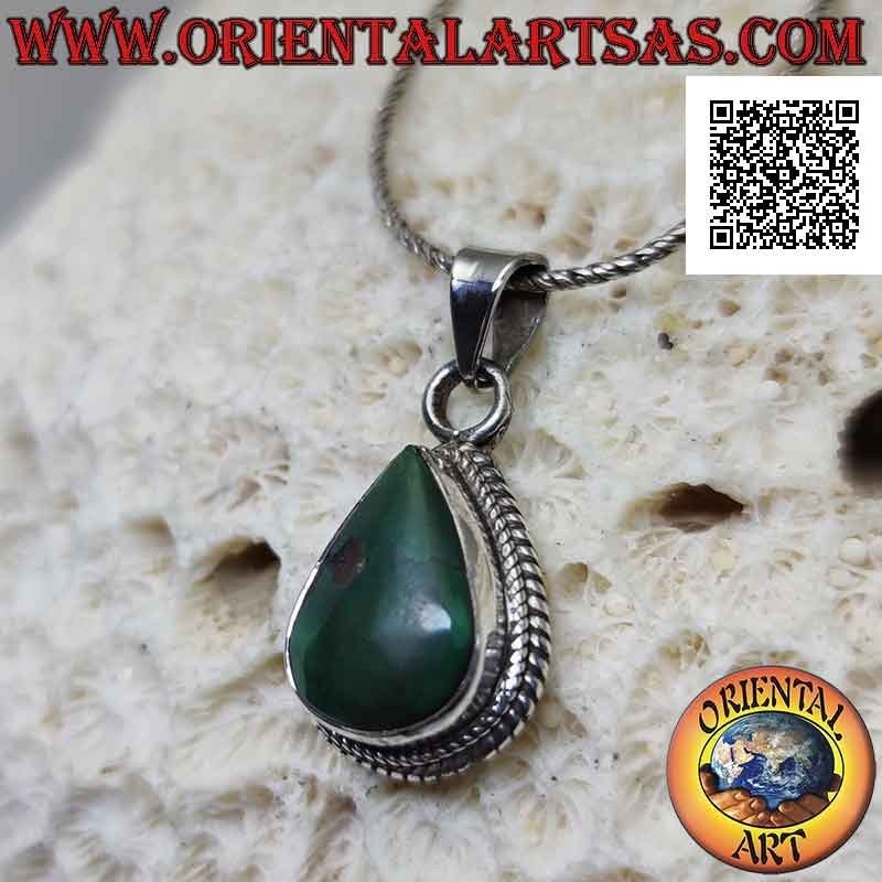 Silver pendant with natural Tibetan antique teardrop turquoise surrounded by a double weave