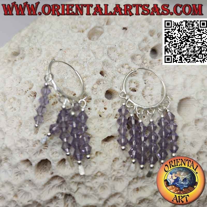 Orecchini in argento, cerchio liscio da 20 mm con 5 file di cristalli ametista pendenti