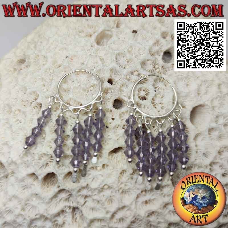 Pendientes de plata, círculo liso de 20 mm con 5 hileras de cristales de amatista colgantes