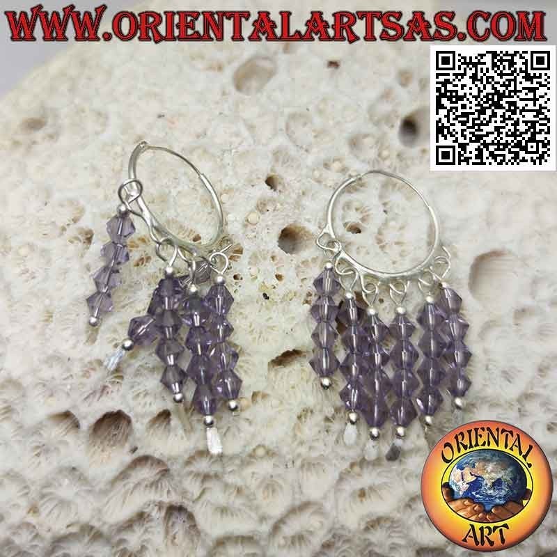 Silberohrringe, 20 mm glatter Kreis mit 5 Reihen hängender Amethystkristalle