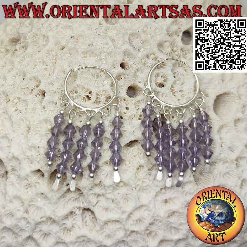 Silver earrings, 20 mm smooth circle with 5 rows of hanging amethyst crystals