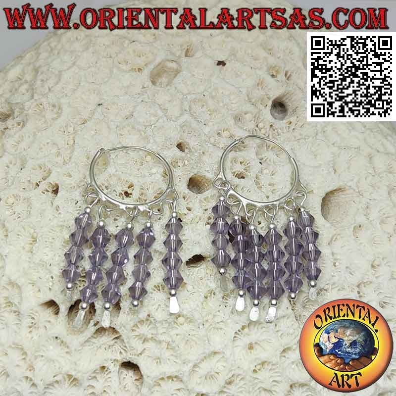 Boucles d'oreilles en argent, cercle lisse de 20 mm avec 5 rangées de cristaux d'améthyste suspendus