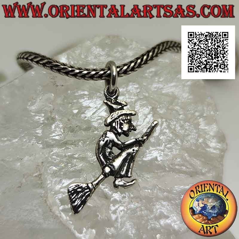 Silver pendant, the befana witch on the flying broom in profile (double-sided)