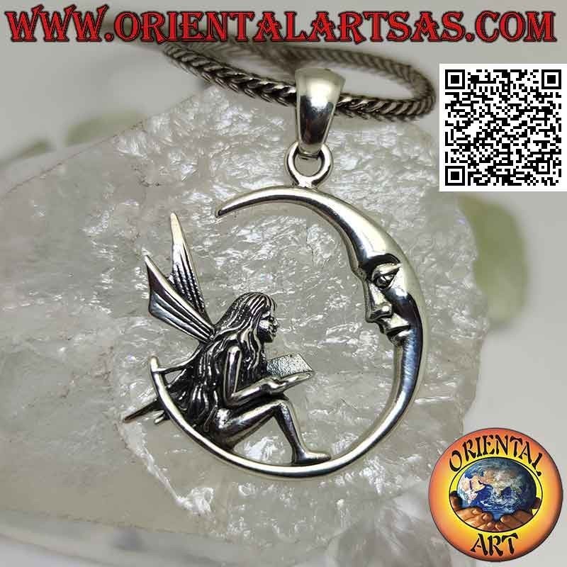 Silver pendant, the fairy with the book sitting on the moon