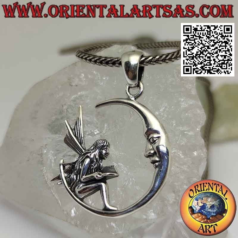 Silver pendant, the fairy with the book sitting on the moon