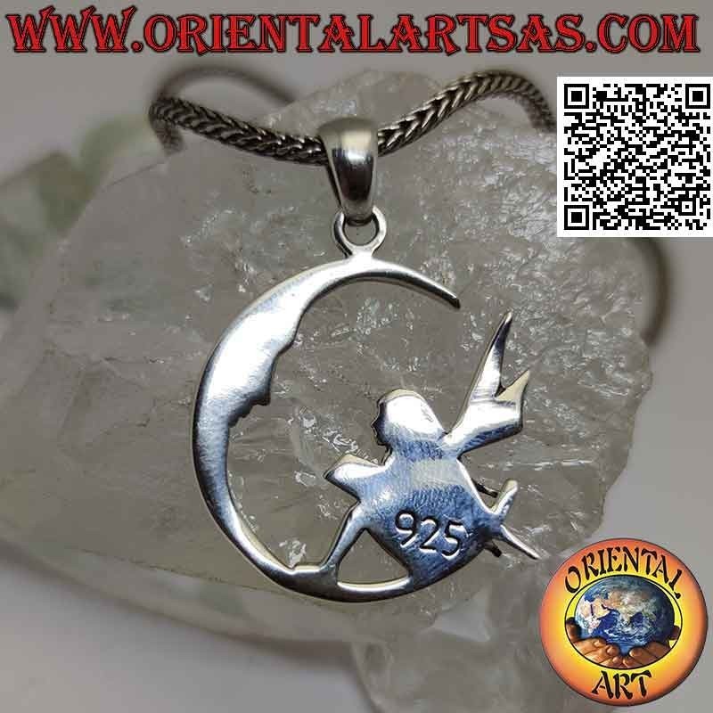 Pendentif en argent, la fée au livre assise sur la lune