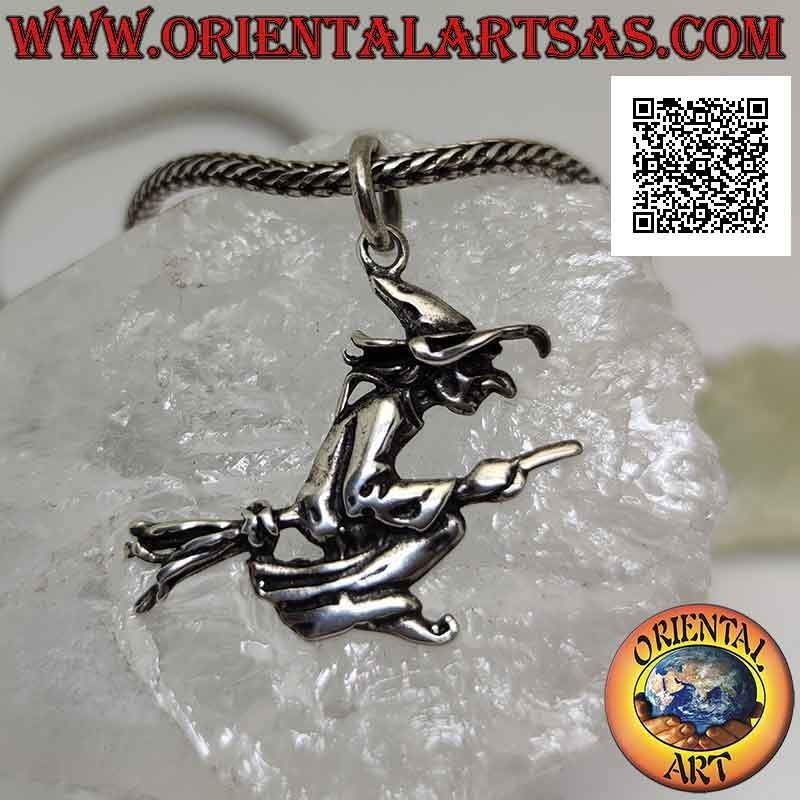 Silver pendant, the witch on a flying broom in profile (large)
