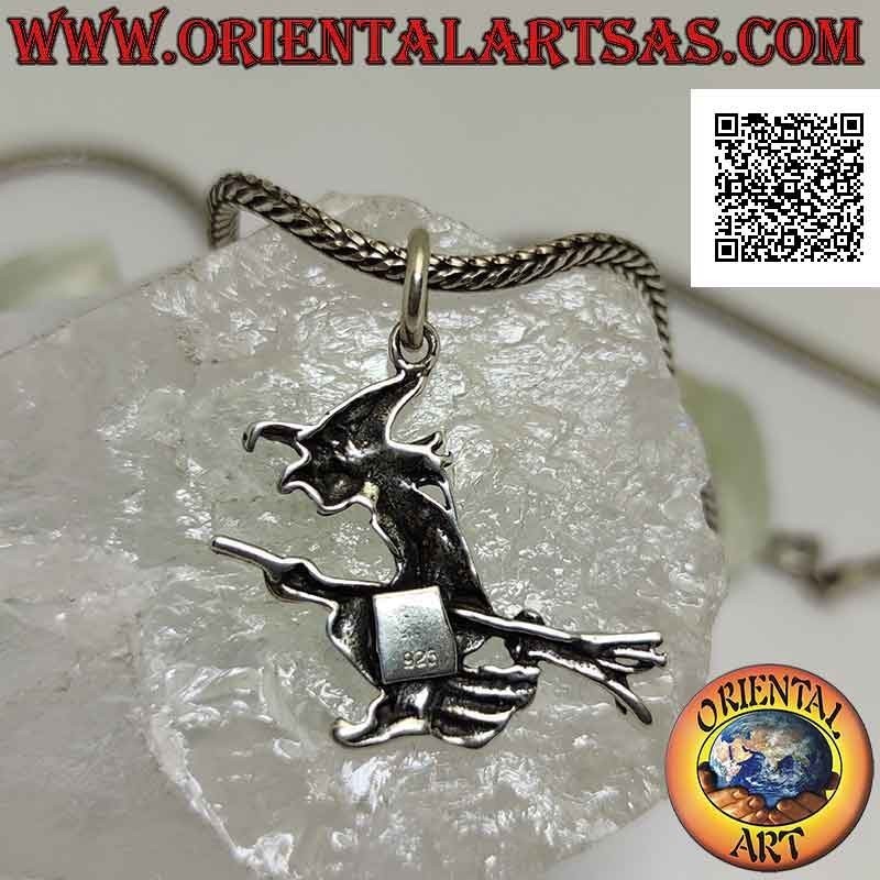 Silver pendant, the witch on a flying broom in profile (large)