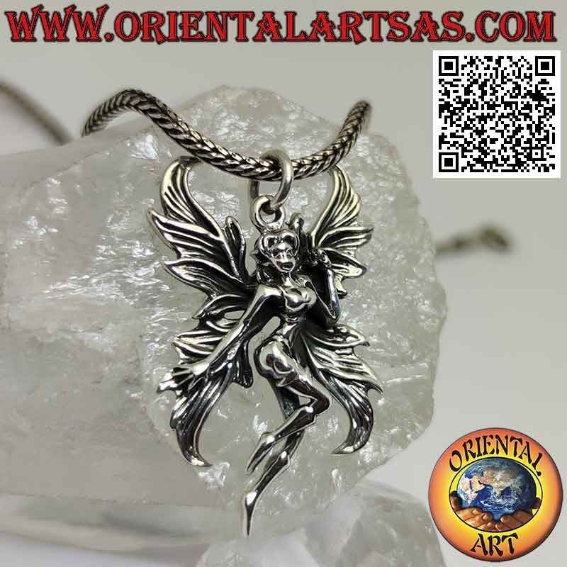 Silver pendant, the vain fairy with large spread wings