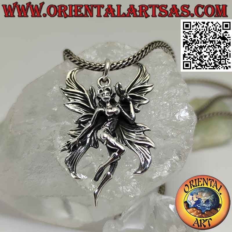 Silver pendant, the vain fairy with large spread wings