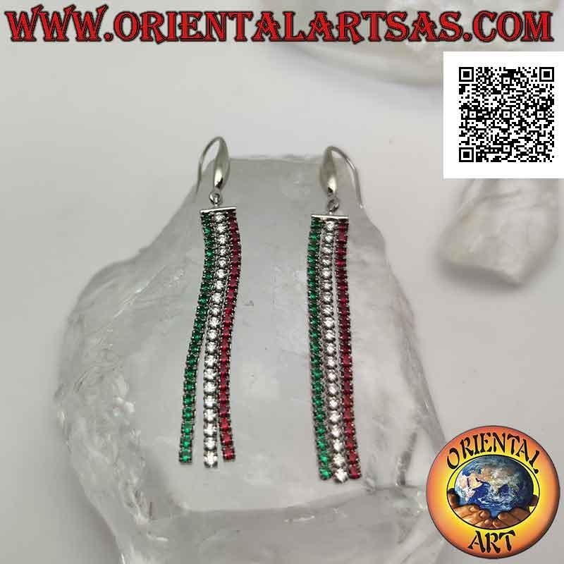 Silberne Schmetterlings-Ohrringe mit drei Mini-Tennis-Anhängern aus "Italian Tri-Color" Zirkonen