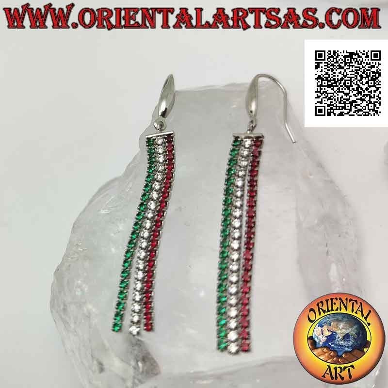 Silver butterfly earrings with three mini tennis pendants of "Italian tri-color" zircons